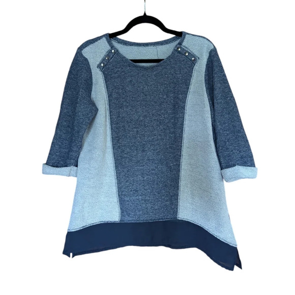 Boutique Sweater With Accent Shoulder Snap Buttons and Sheer Fabric on Bottom - Picture 1 of 10